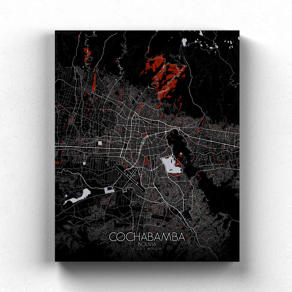 Mapospheres Cochabamba Red dark full page design canvas city map