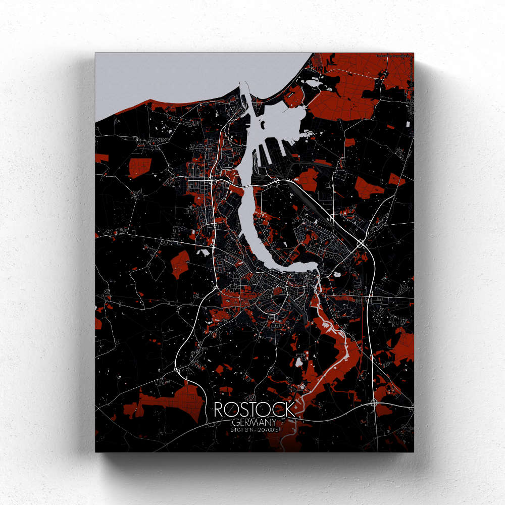 Mapospheres Rostock Red dark full page design canvas city map