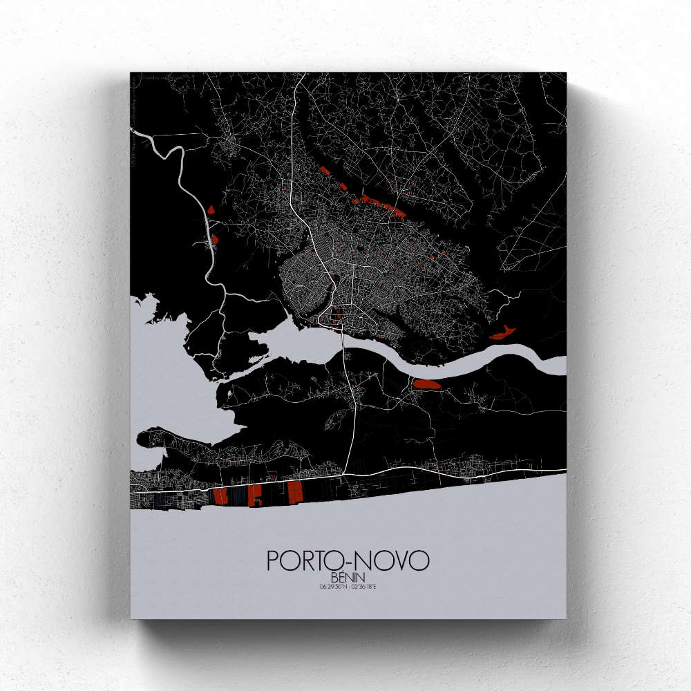 Mapospheres Porto Novo Red dark full page design canvas city map