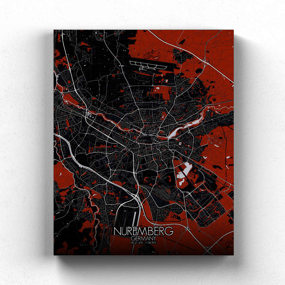 Mapospheres Nuremberg Red dark full page design canvas city map