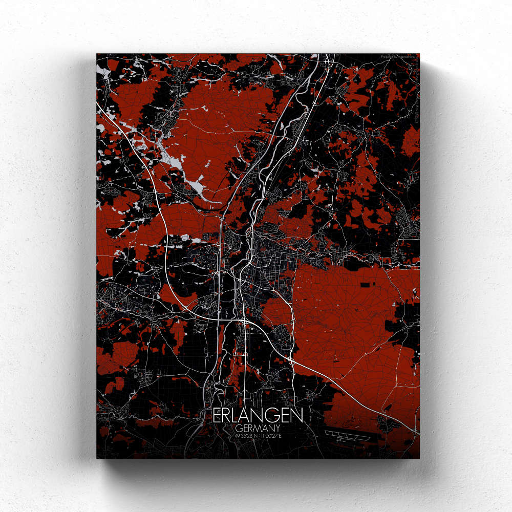 Mapospheres Erlangen Red dark full page design canvas city map