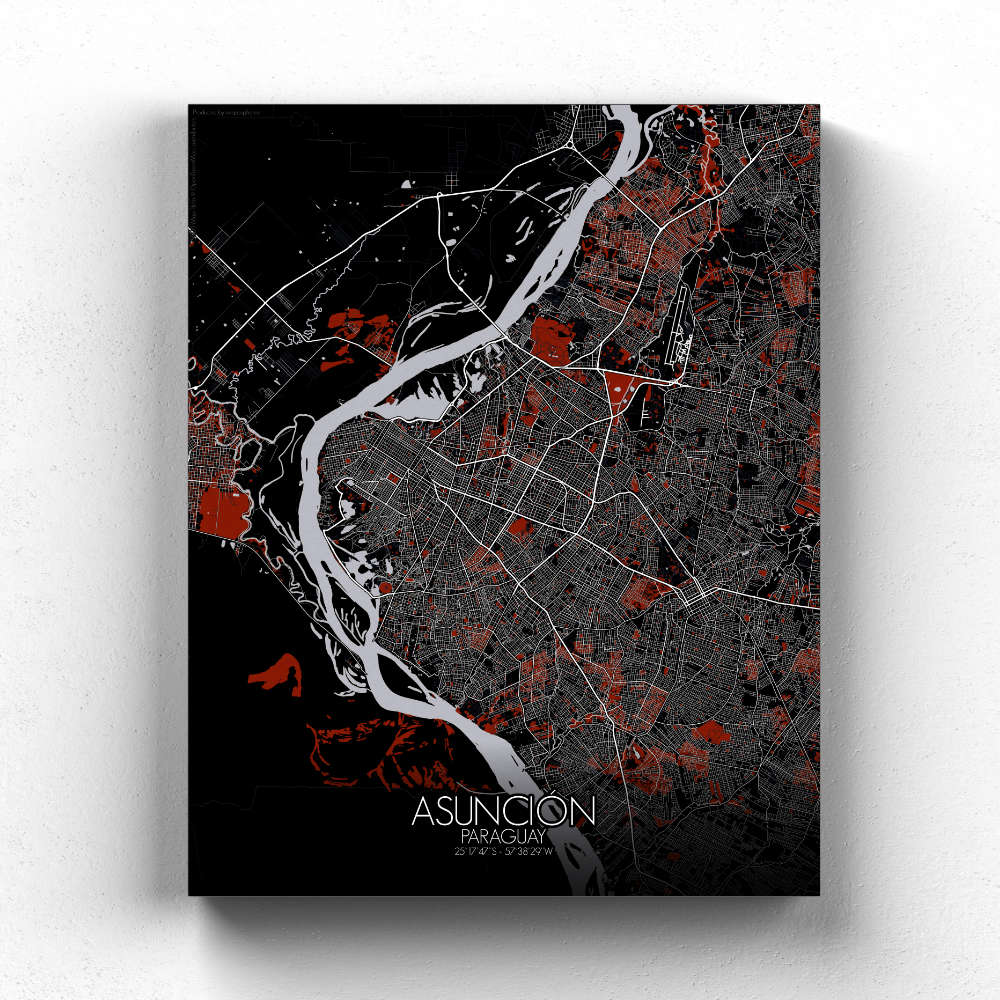 Mapospheres Asuncion Red dark full page design canvas city map