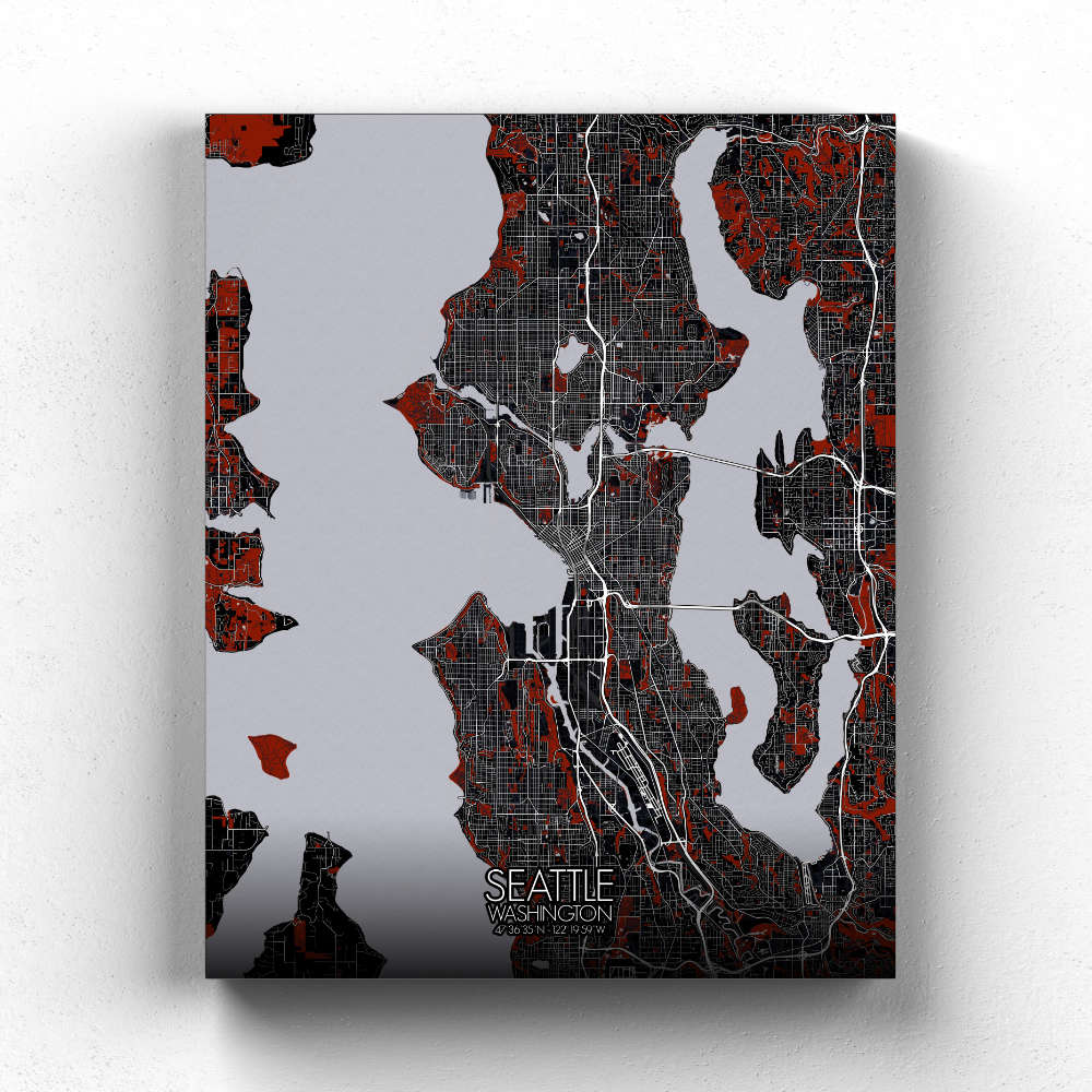 Mapospheres Seattle Red dark full page design canvas city map