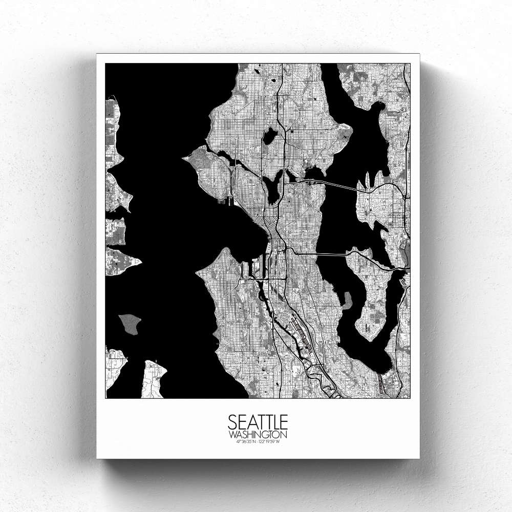 Mapospheres Seattle Black and White full page design canvas city map