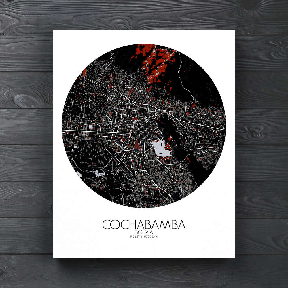 Mapospheres Cochabamba Red dark round shape design canvas city map