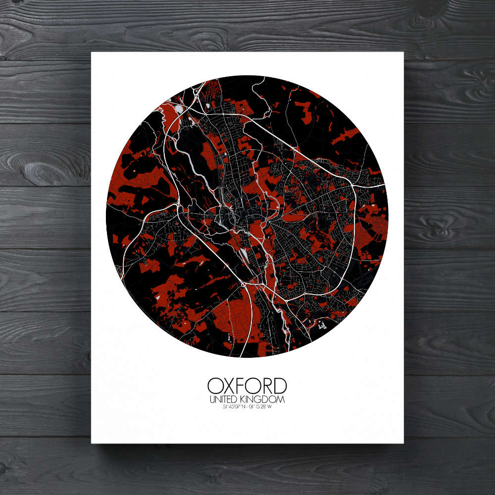 Mapospheres Oxford Red dark round shape design canvas city map