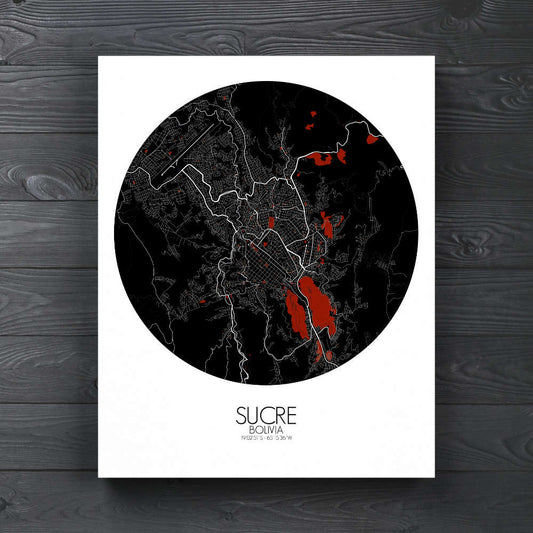 Mapospheres Sucre Red dark round shape design canvas city map