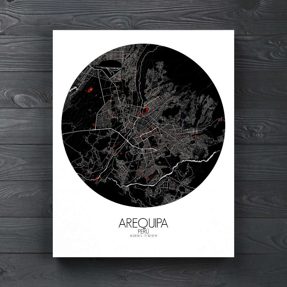 Mapospheres Arequipa Red dark round shape design canvas city map