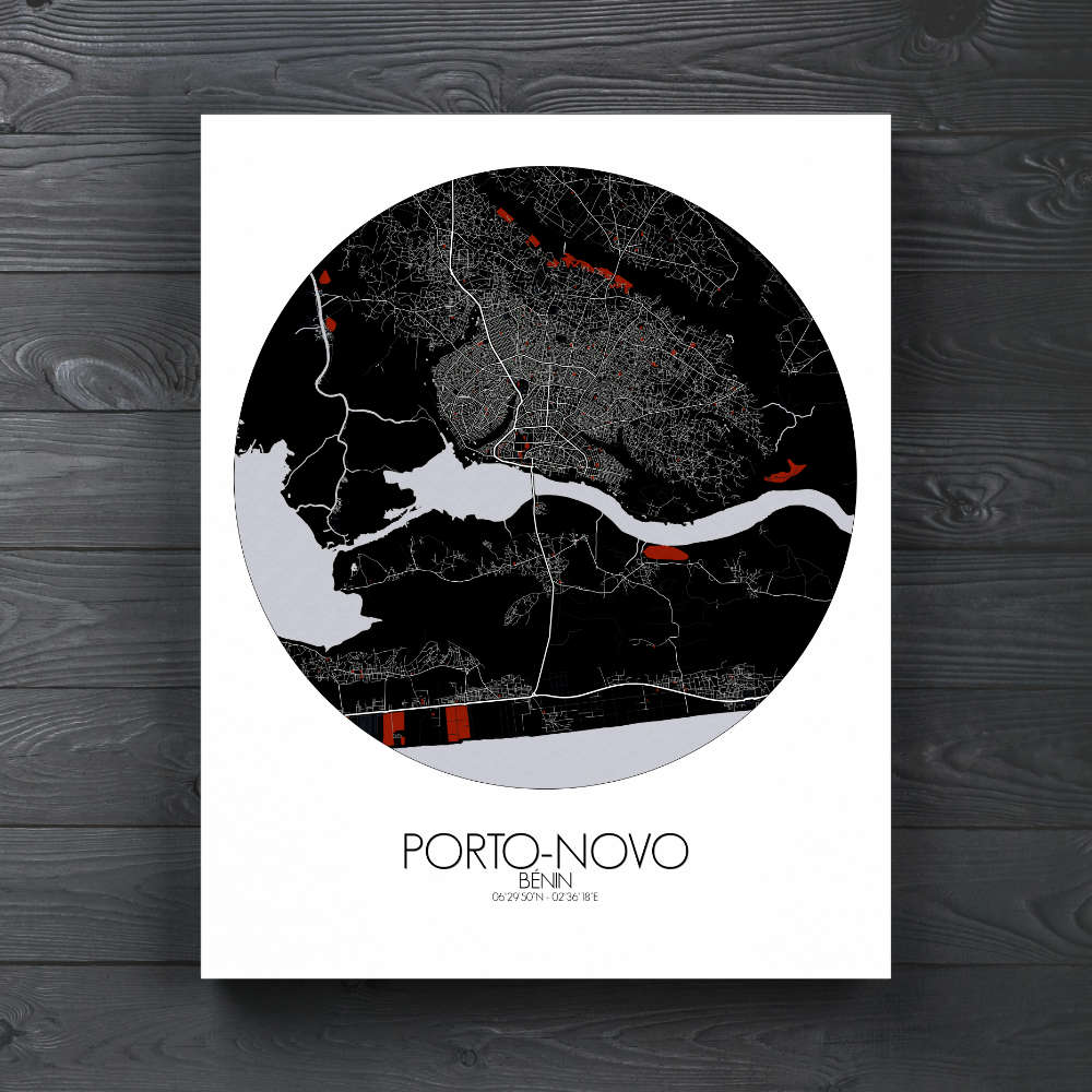 Mapospheres Porto Novo Red dark round shape design canvas city map