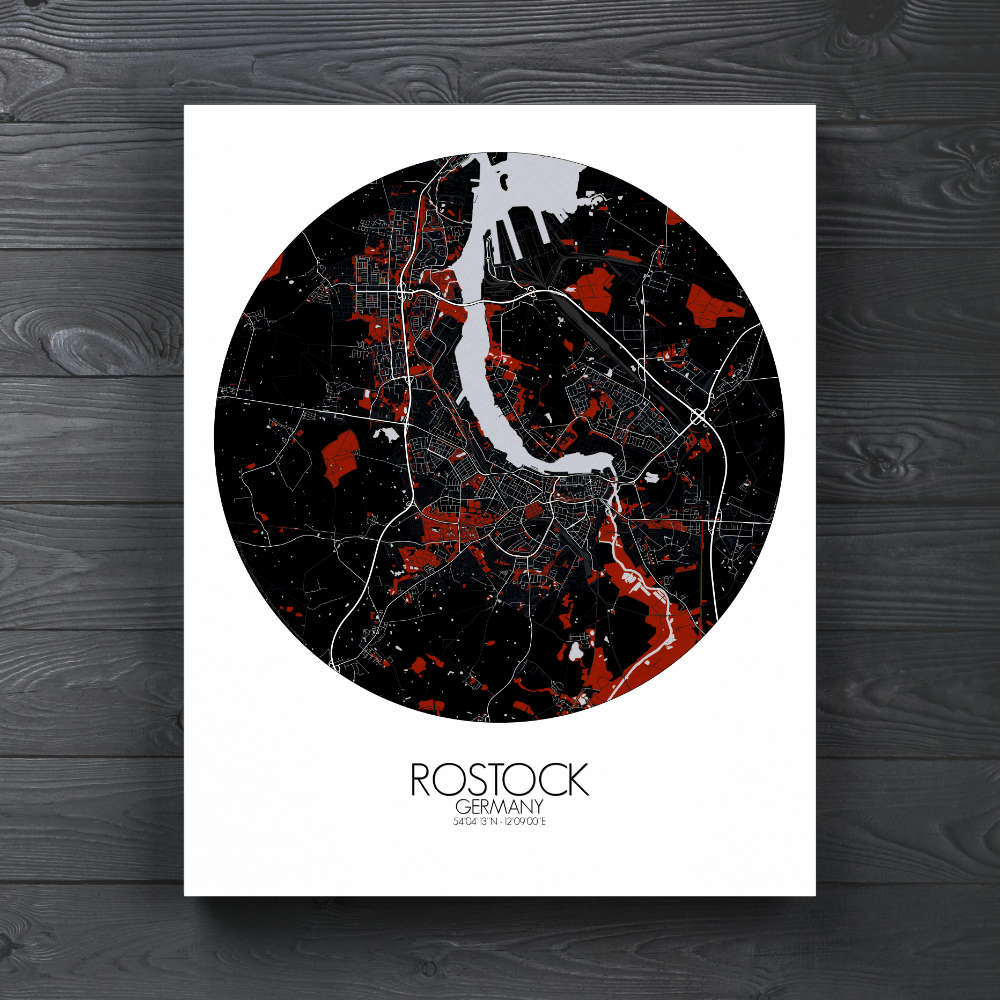 Mapospheres Rostock Red dark round shape design canvas city map