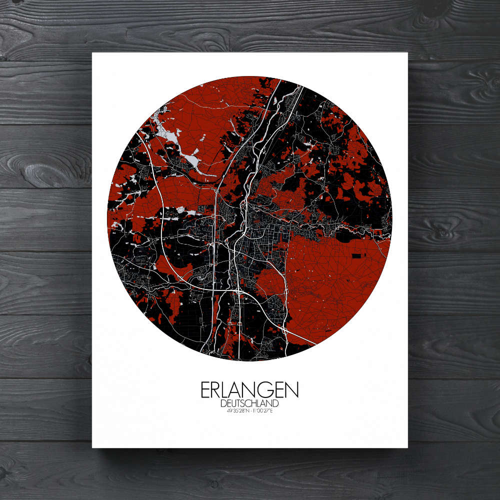 Mapospheres Erlangen Red dark round shape design canvas city map