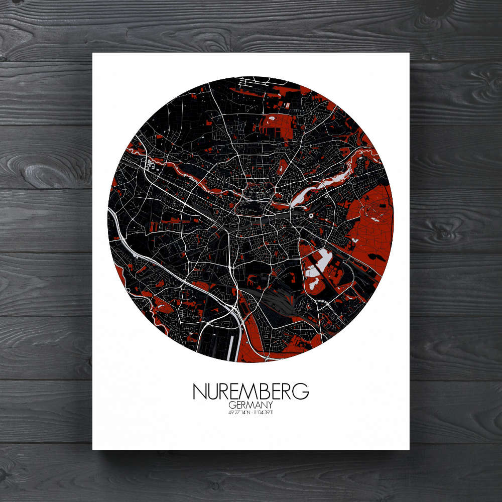 Mapospheres Nuremberg Red dark round shape design canvas city map