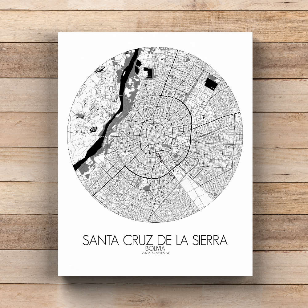 Mapospheres Santa Cruz de la Sierra Black and White  round shape design canvas city map