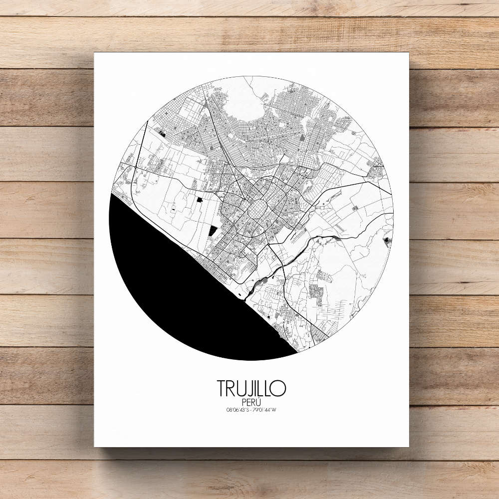 Mapospheres Trujillo Black and White  round shape design canvas city map