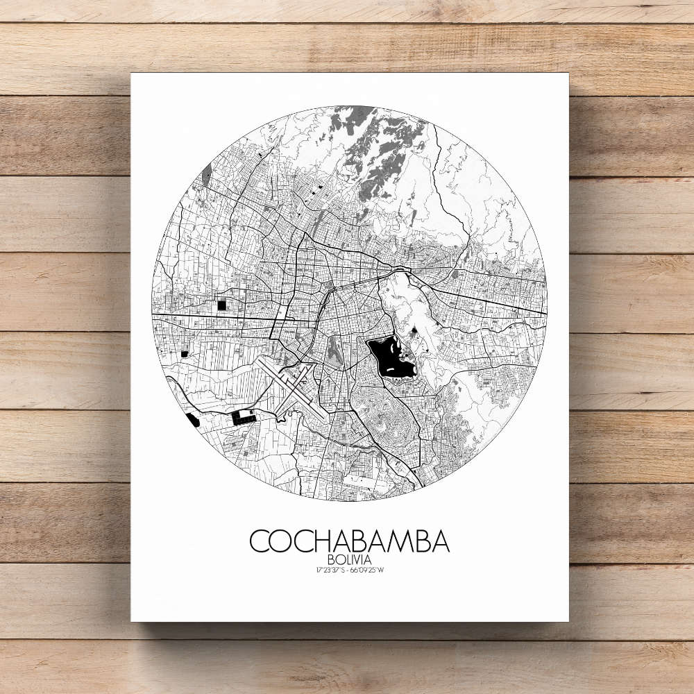 Mapospheres Cochabamba Black and White  round shape design canvas city map