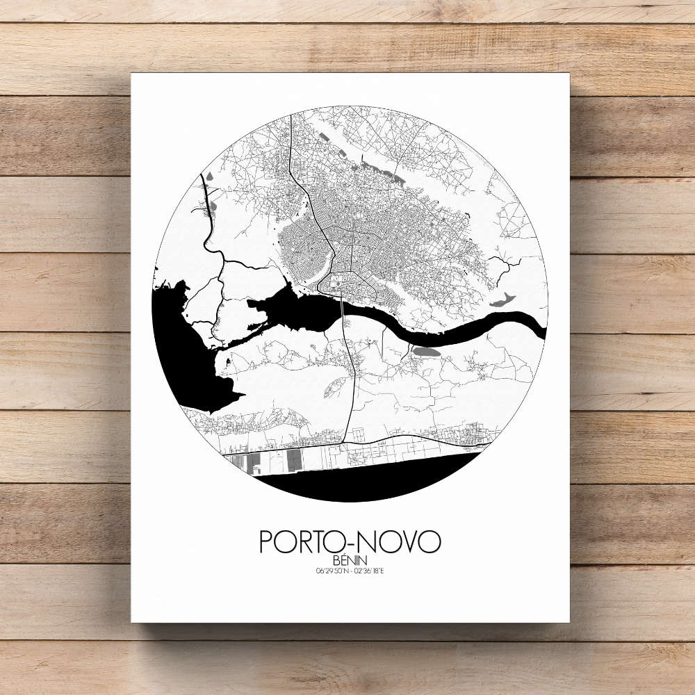 Mapospheres Porto Novo Black and White  round shape design canvas city map