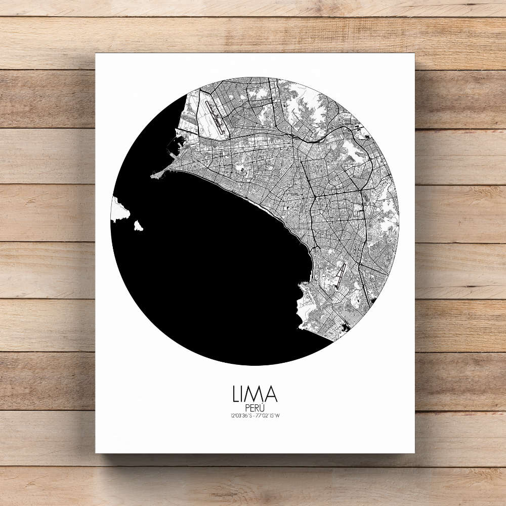 Mapospheres Lima Black and White  round shape design canvas city map