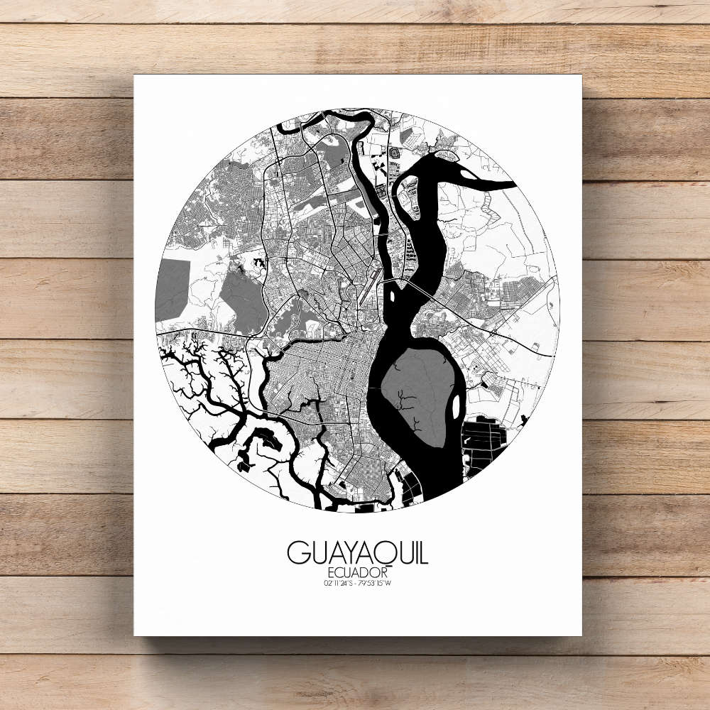 Mapospheres Guayaquil Black and White  round shape design canvas city map