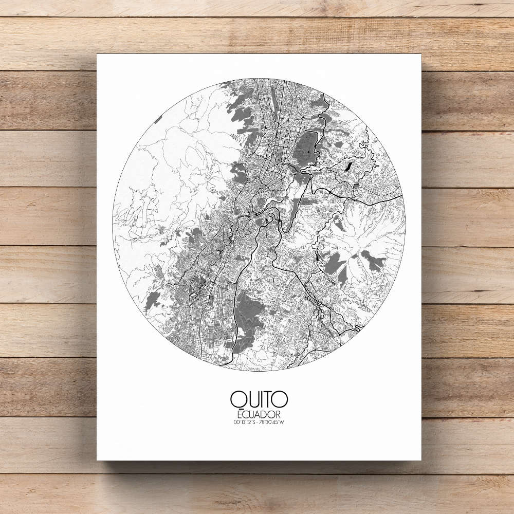 Mapospheres Quito Black and White  round shape design canvas city map