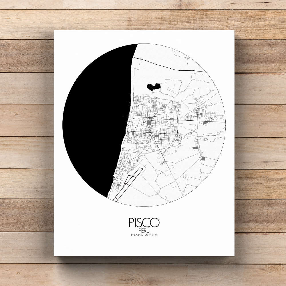 Mapospheres Pisco Black and White  round shape design canvas city map