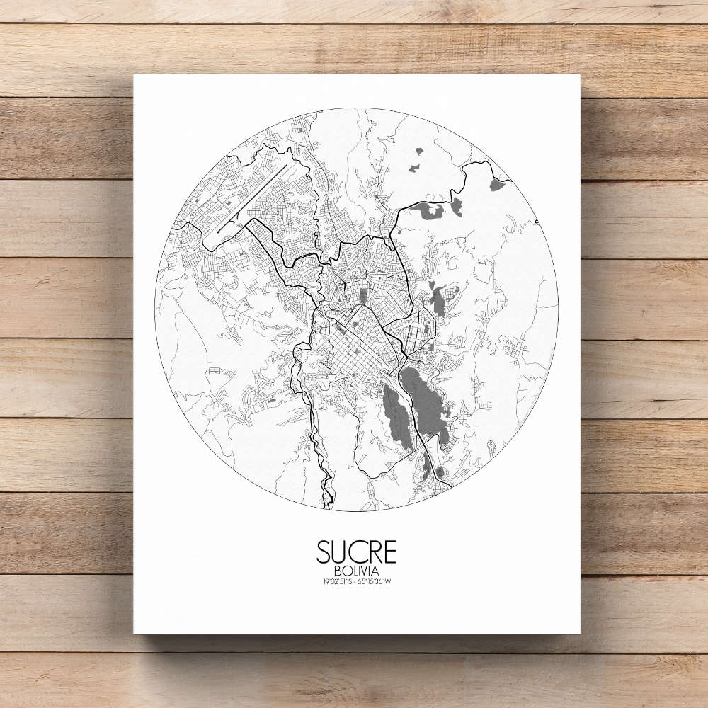 Mapospheres Sucre Black and White  round shape design canvas city map