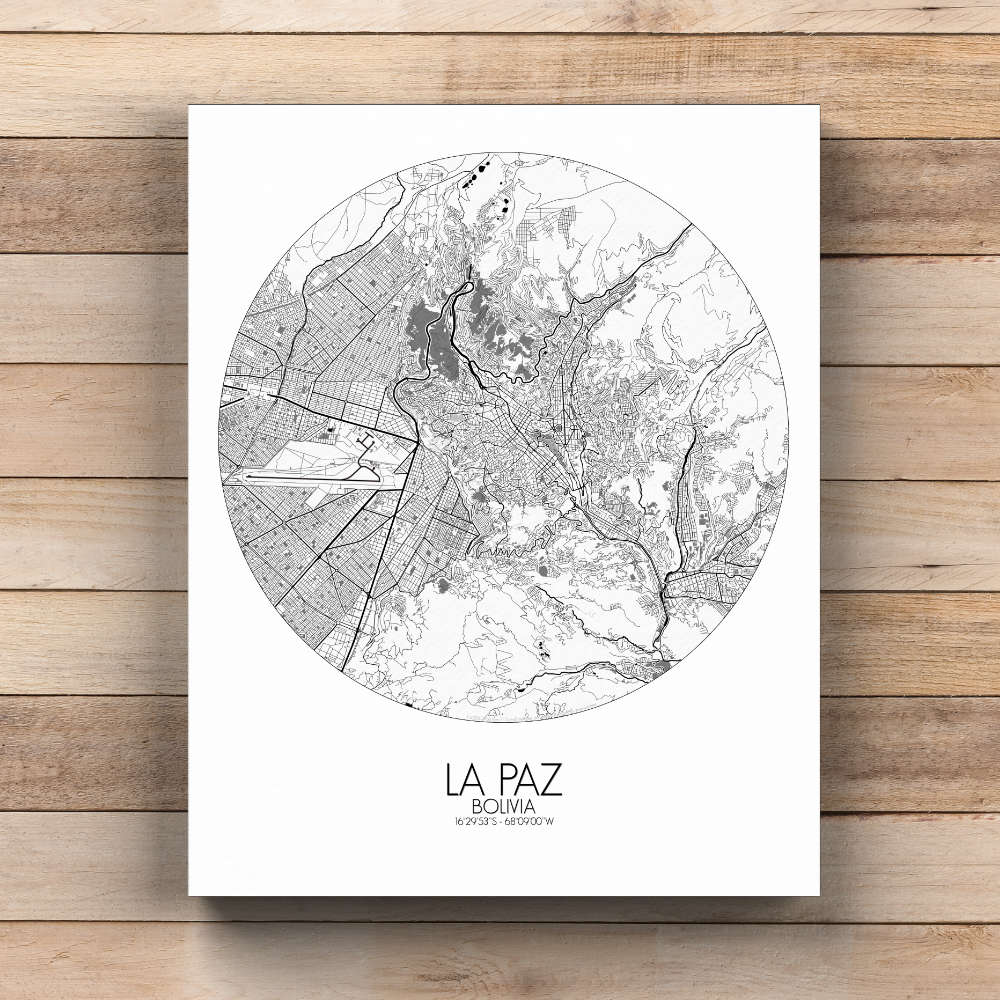 Mapospheres La Paz Black and White  round shape design canvas city map