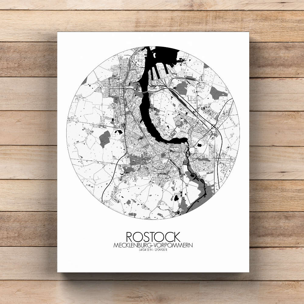 Mapospheres Rostock Black and White  round shape design canvas city map