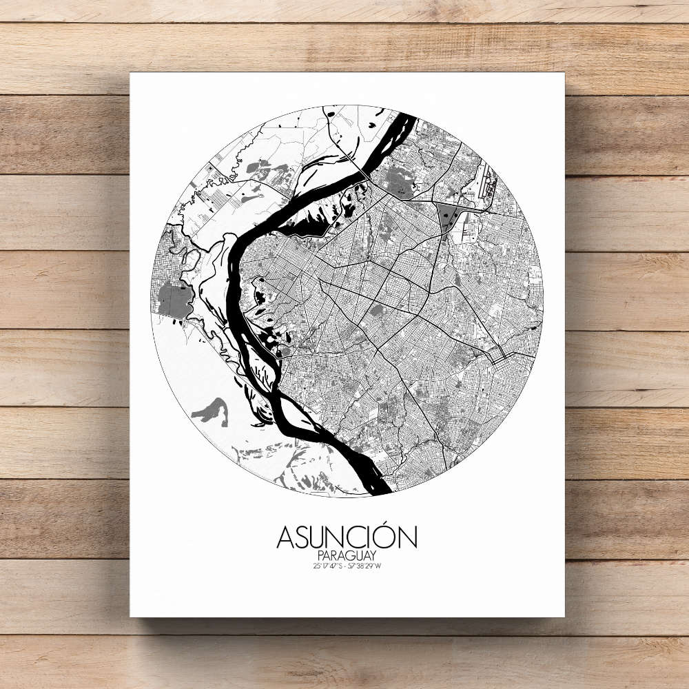 Mapospheres Asuncion Black and White  round shape design canvas city map