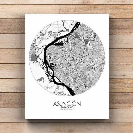 Mapospheres Asuncion Black and White  round shape design canvas city map