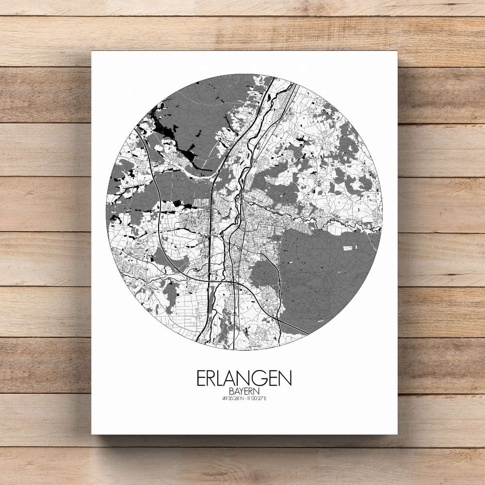 Mapospheres Erlangen Black and White  round shape design canvas city map