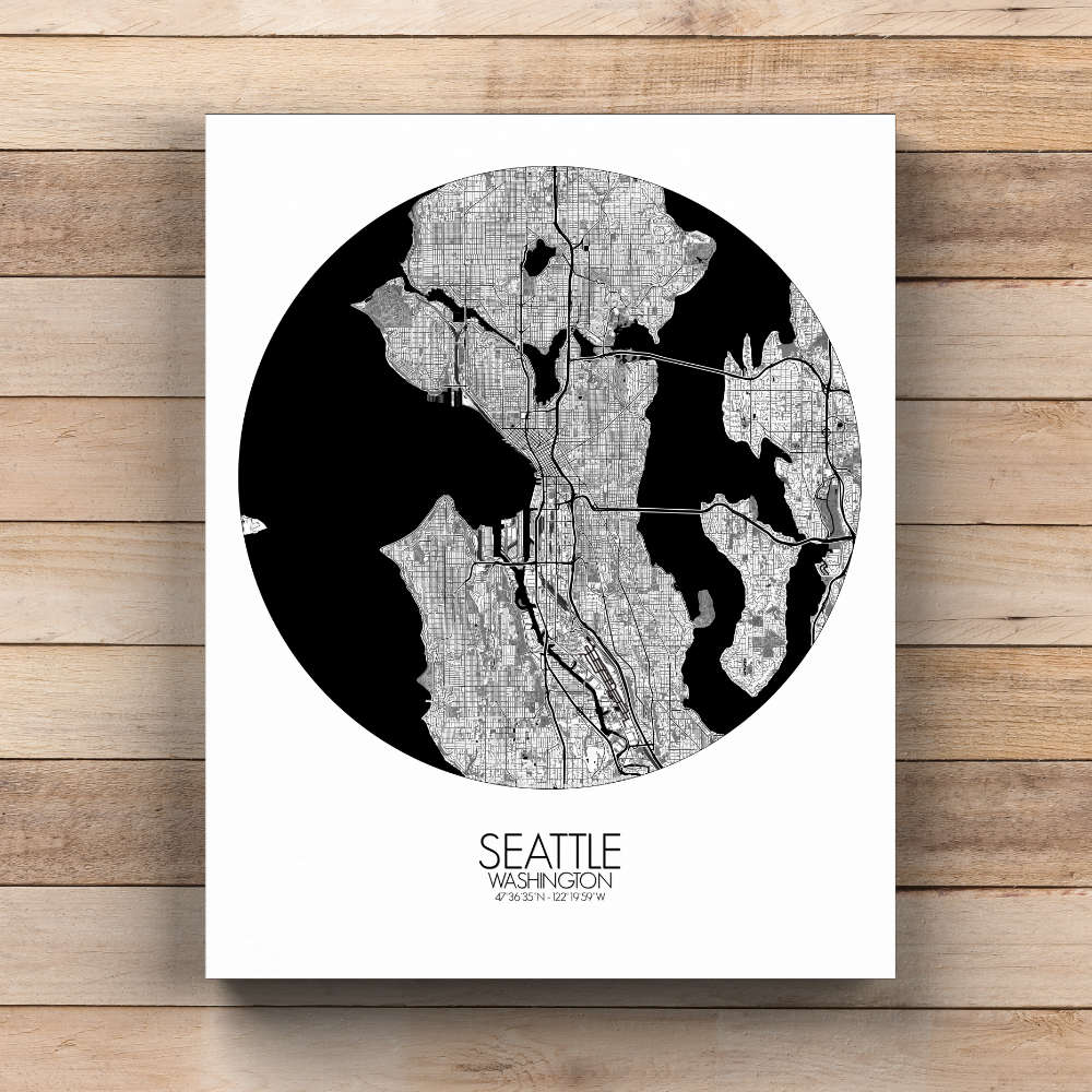 Mapospheres Seattle Black and White  round shape design canvas city map