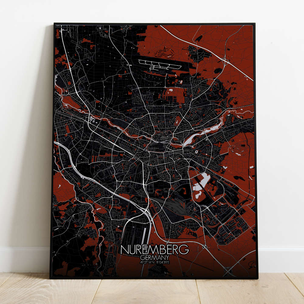 Mapospheres Nuremberg Red dark full page design poster city map