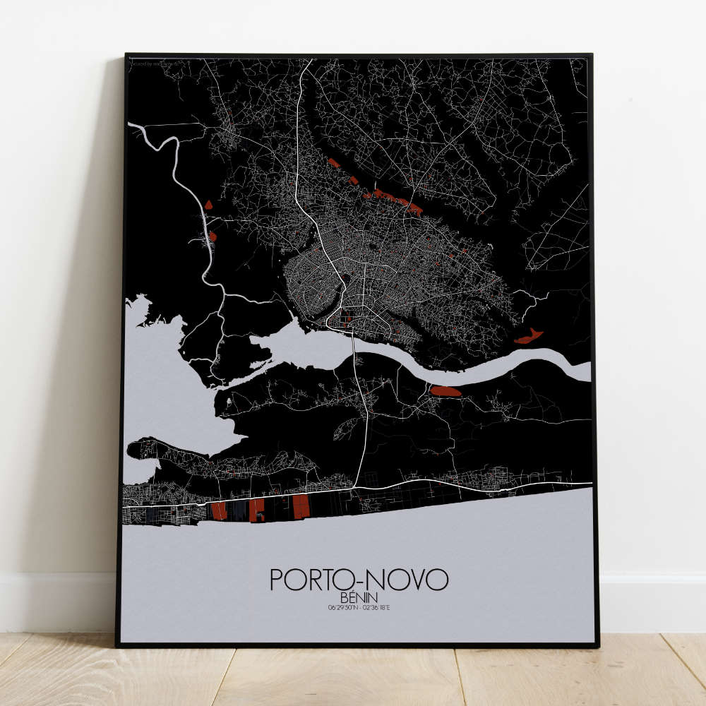 Mapospheres Porto Novo Red dark full page design poster city map