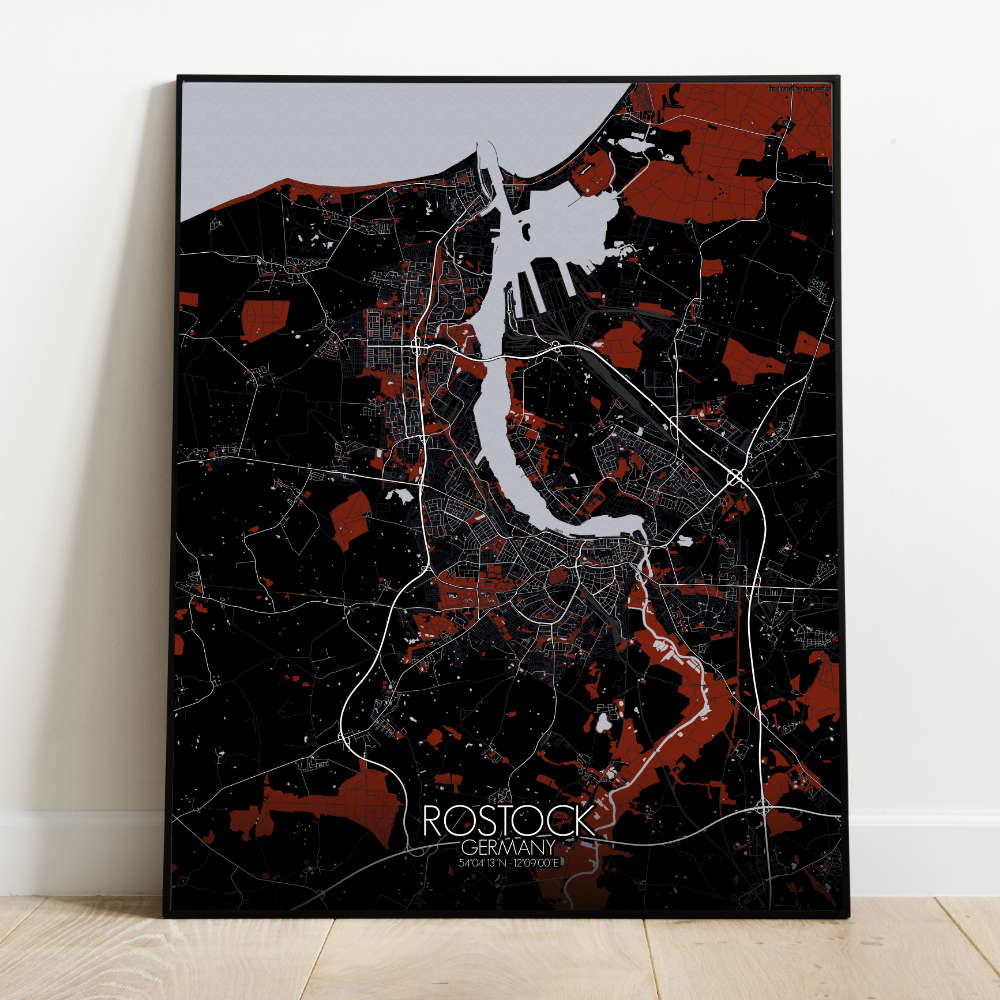 Mapospheres Rostock Red dark full page design poster city map