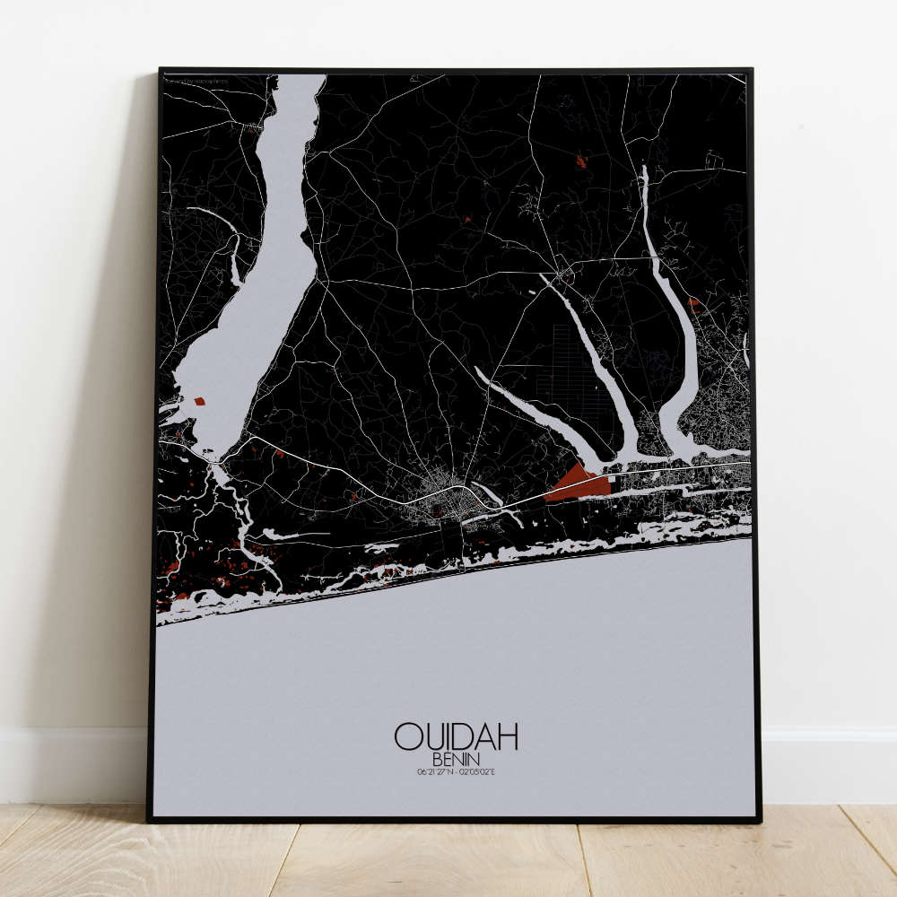 Mapospheres Ouidah Red dark full page design poster city map