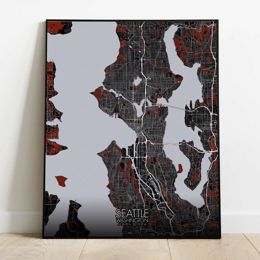 Mapospheres Seattle Red dark full page design poster city map