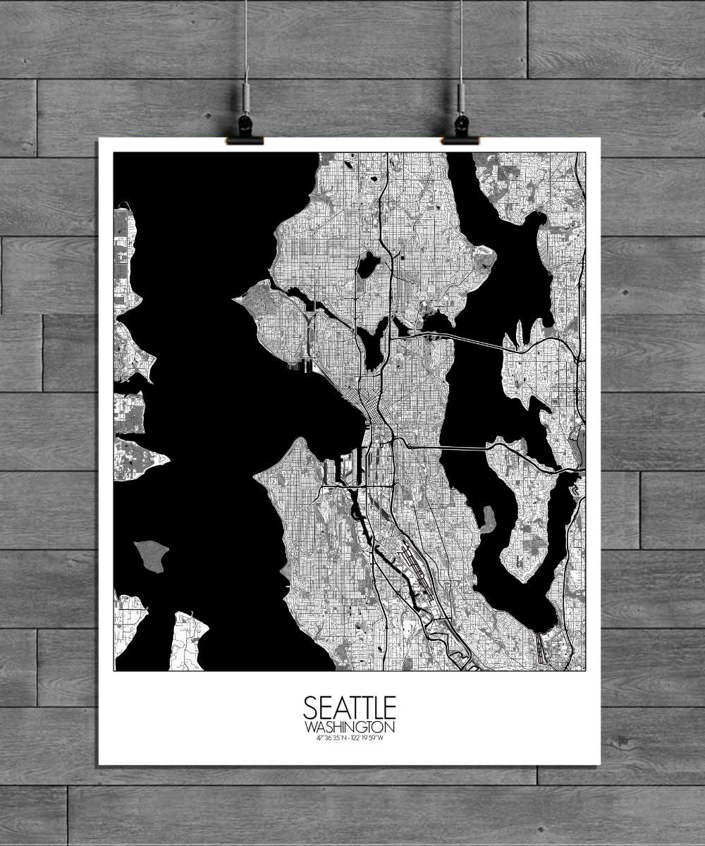 Mapospheres Seattle Black and White full page design poster city map