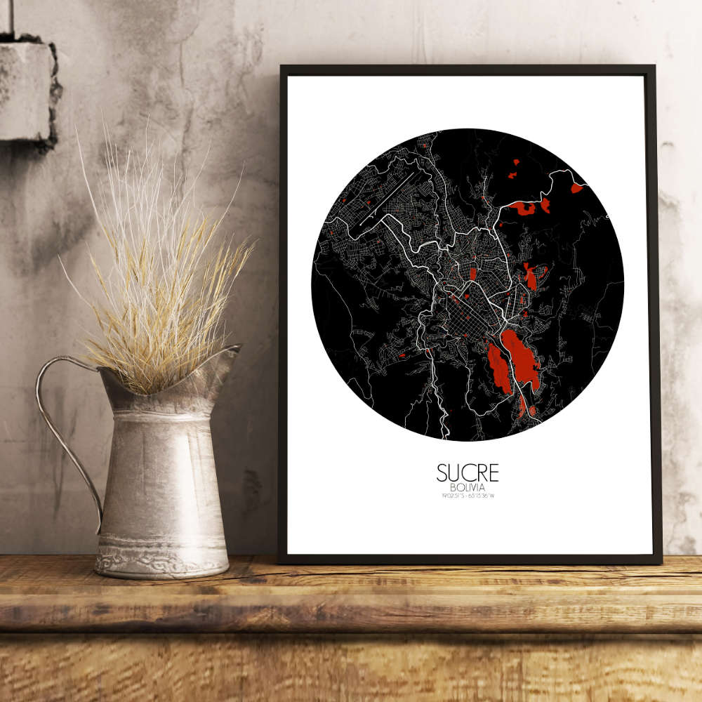 Mapospheres Sucre Red dark round shape design poster city map