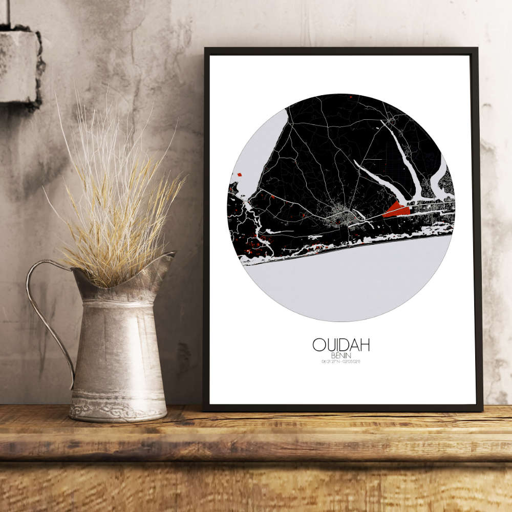 Mapospheres Ouidah Red dark round shape design poster city map