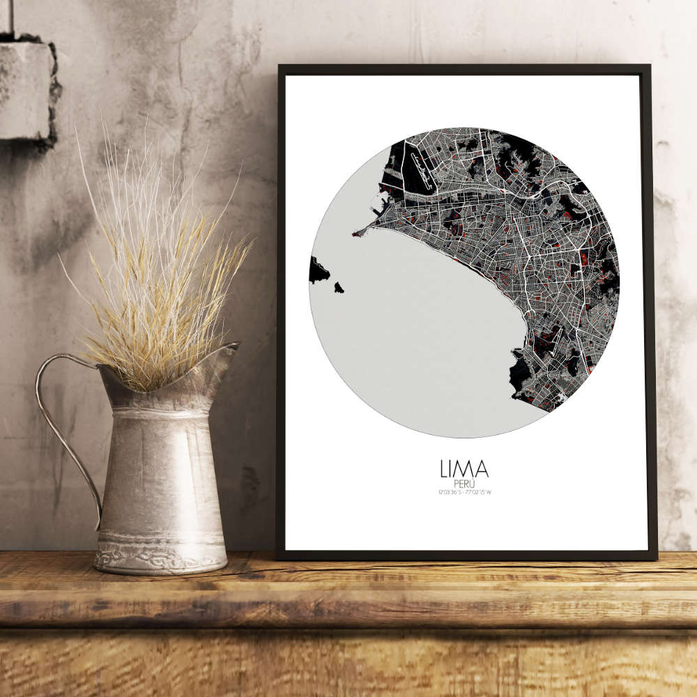 Mapospheres Lima Red dark round shape design poster city map