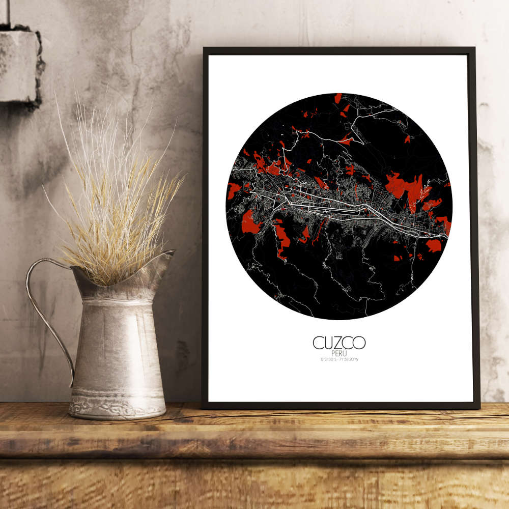 Mapospheres Cusco Red dark round shape design poster city map