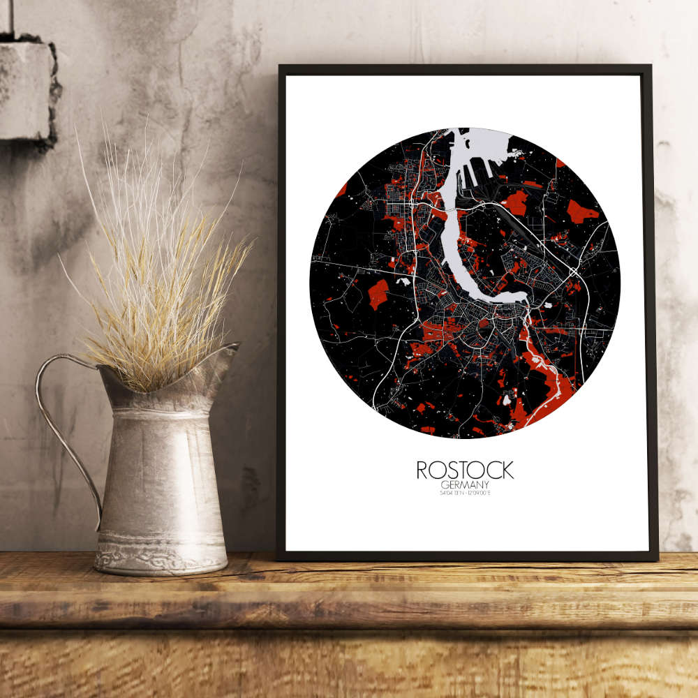 Mapospheres Rostock Red dark round shape design poster city map