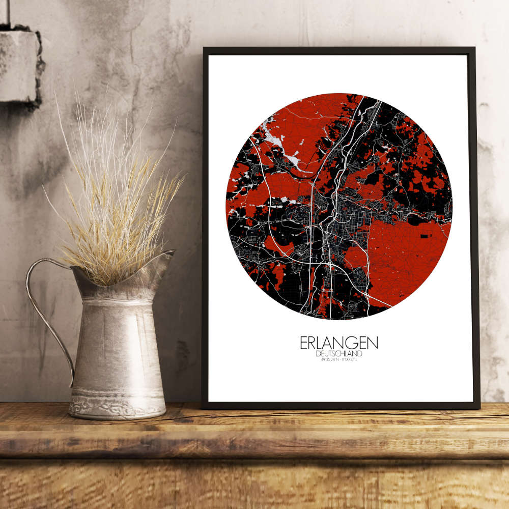 Mapospheres Erlangen Red dark round shape design poster city map