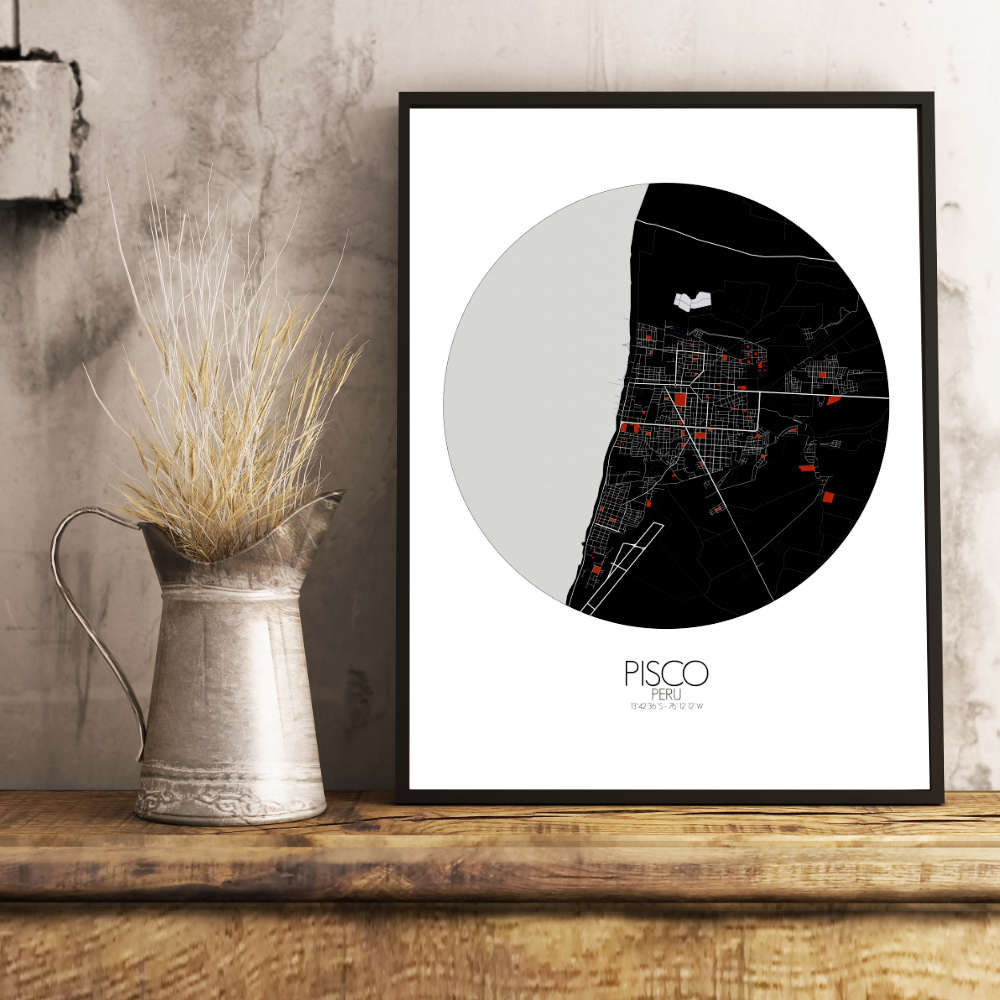 Mapospheres Pisco Red dark round shape design poster city map