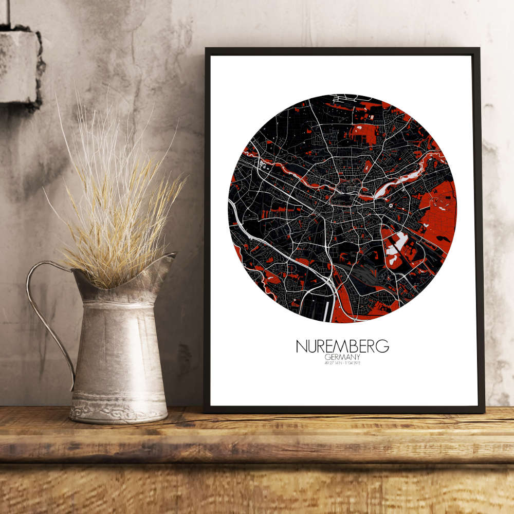 Mapospheres Nuremberg Red dark round shape design poster city map