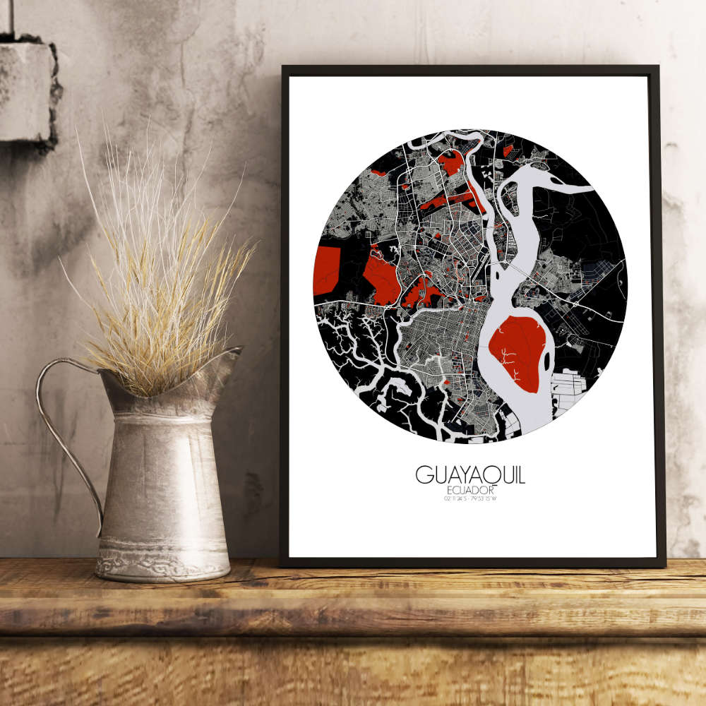 Mapospheres Guayaquil Red dark round shape design poster city map