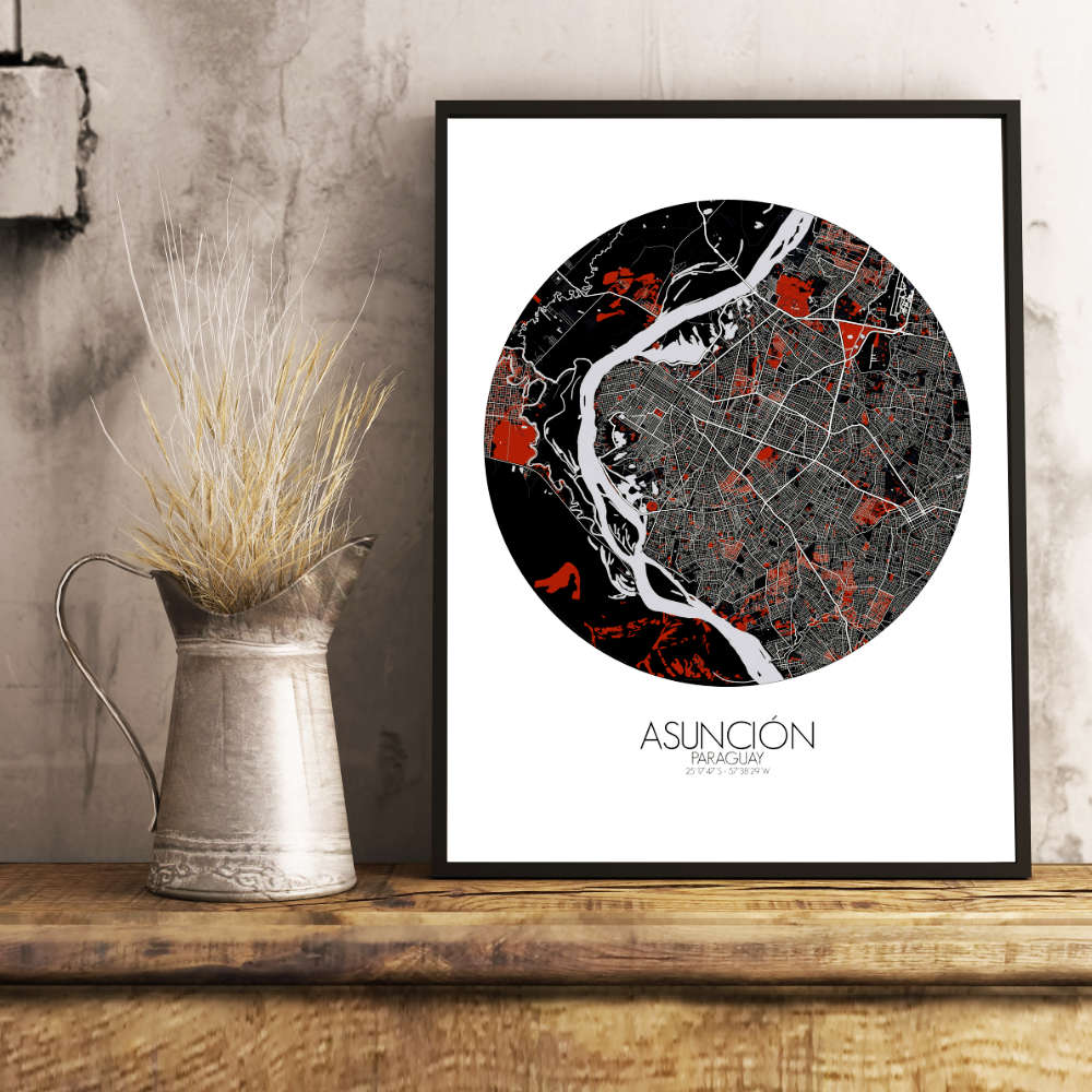 Mapospheres Asuncion Red dark round shape design poster city map