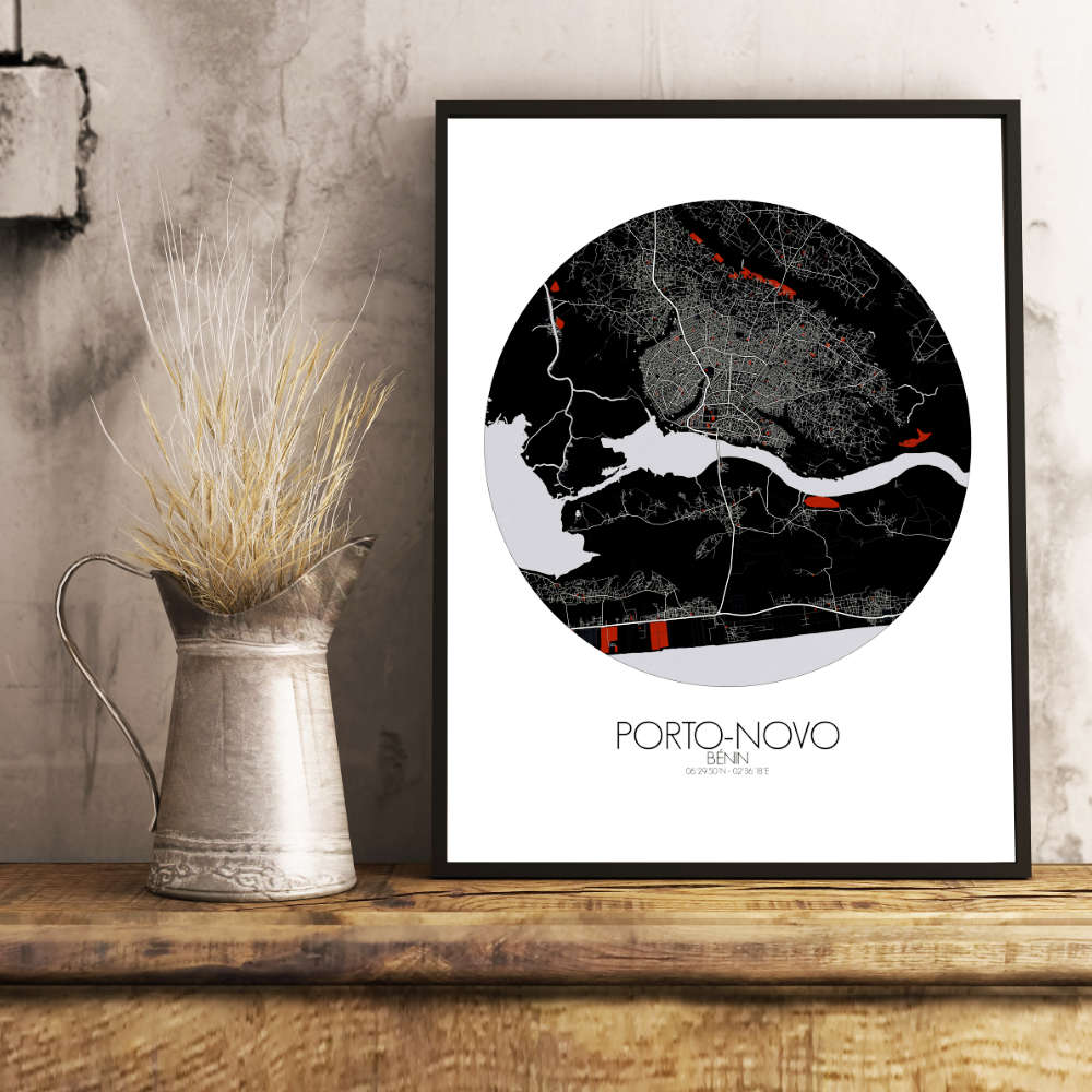 Mapospheres Porto Novo Red dark round shape design poster city map