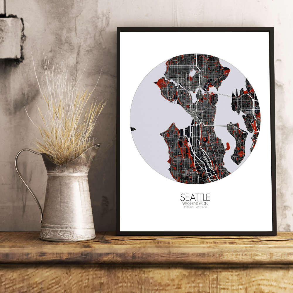 Mapospheres Seattle Red dark round shape design poster city map