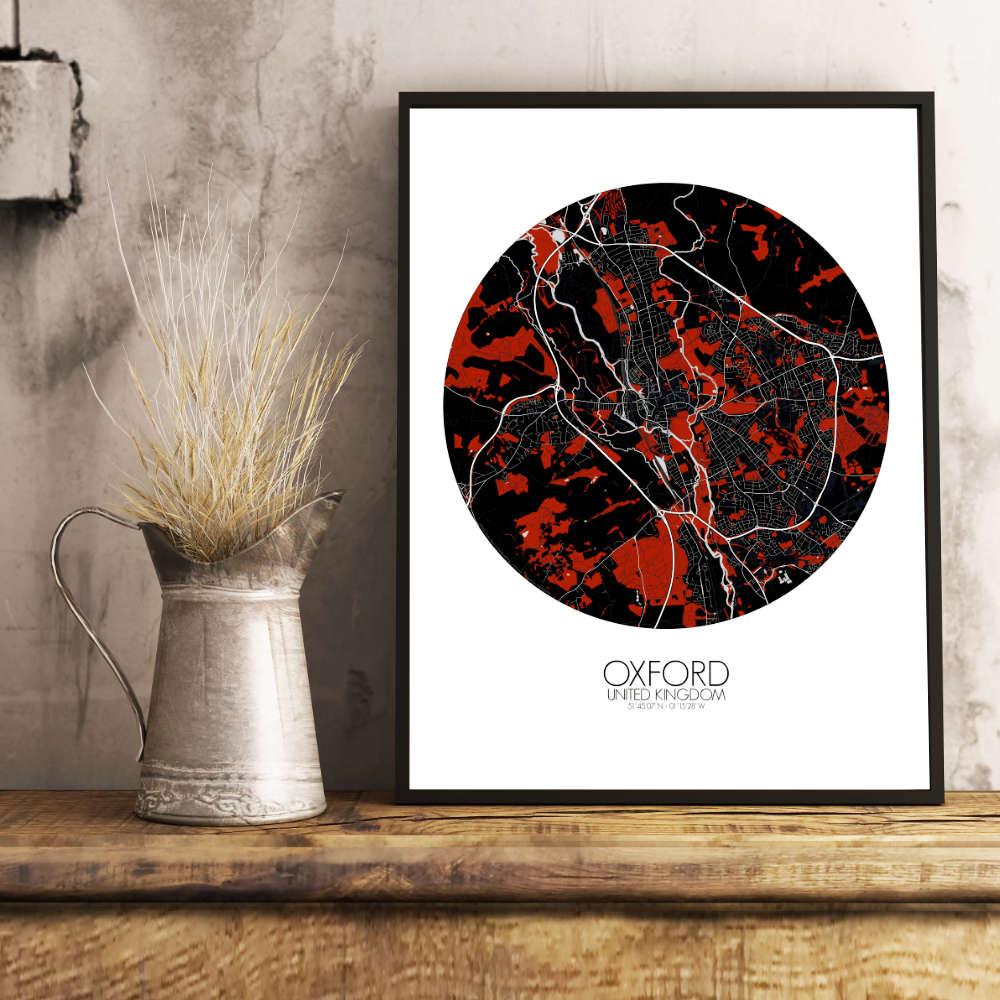 Mapospheres Oxford Red dark round shape design poster city map